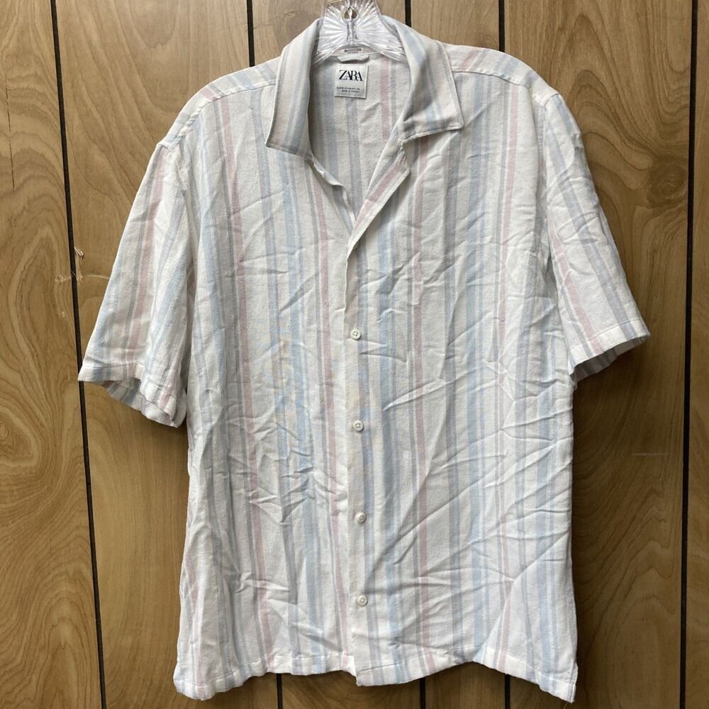 ZARA white multicolor striped collared short sleeve button up men's shirt M